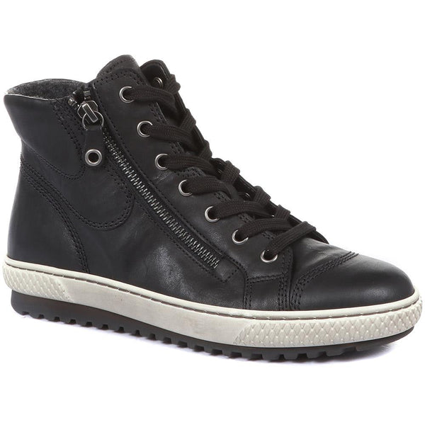jones bootmaker Women's Bulner High Top Leather Trainers - Black Leather