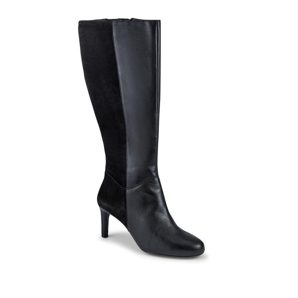 jones bootmaker Women's Callee Leather Stiletto Long Boots - Black-Black Suede