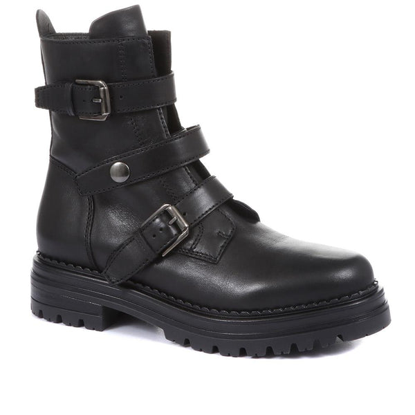 jones bootmaker Women's Casimira Buckle Biker Boots - Black Leather