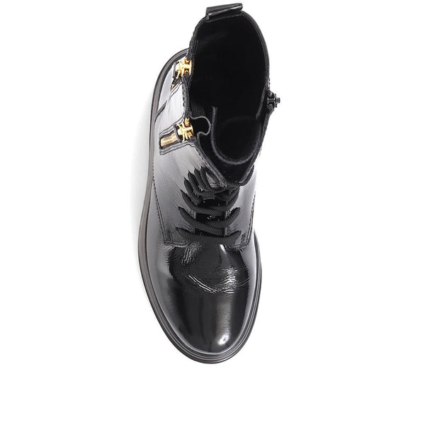 Jones Bootmaker Women's Cottage Patent Combat Boots - Black Patent