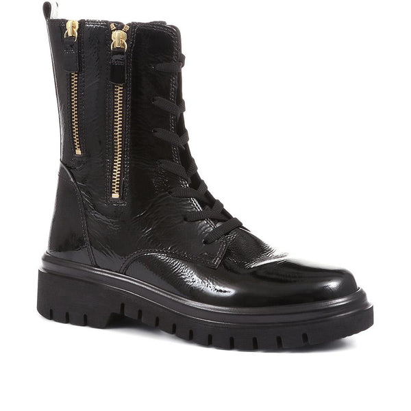 jones bootmaker Women's Cottage Patent Combat Boots - Black Patent