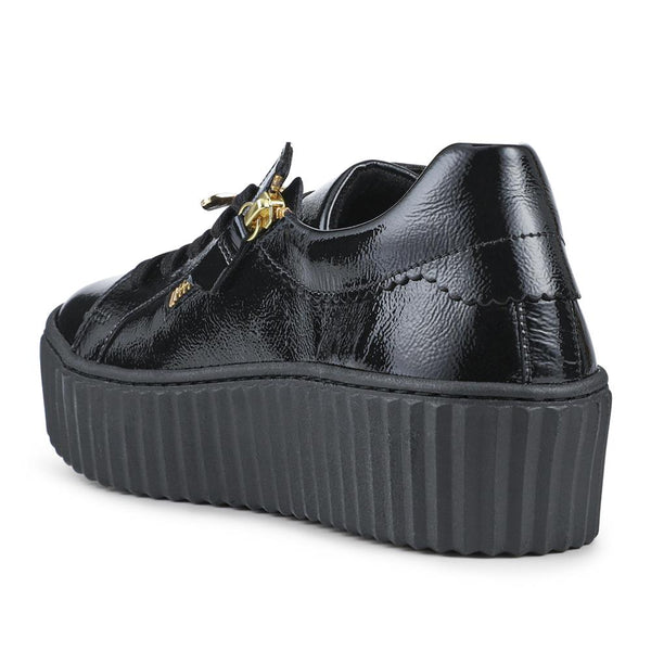 Jones Bootmaker Women's Dotcom Leather Platform Trainers With Bee Brooch - Black Patent