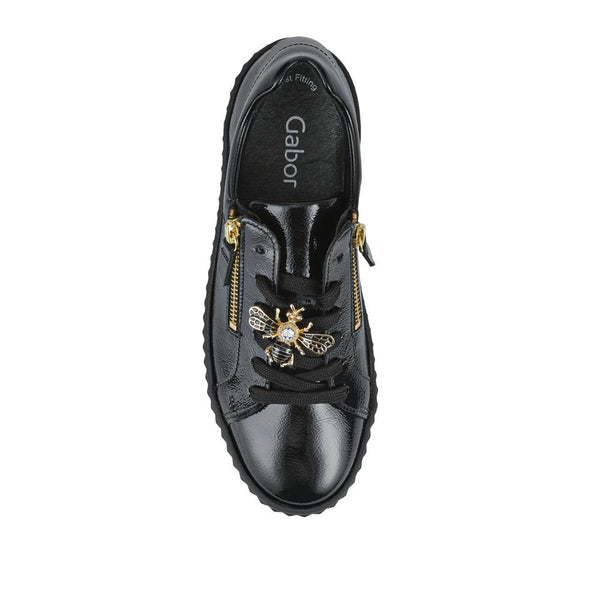 Jones Bootmaker Women's Dotcom Leather Platform Trainers With Bee Brooch - Black Patent