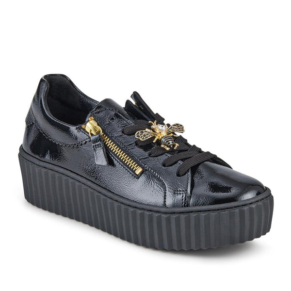 jones bootmaker Women's Dotcom Leather Platform Trainers With Bee Brooch - Black Patent