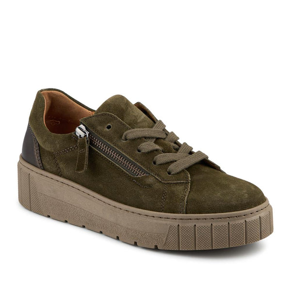 jones bootmaker Women's Ferry Wide Fit Leather Platform Trainers - Olive