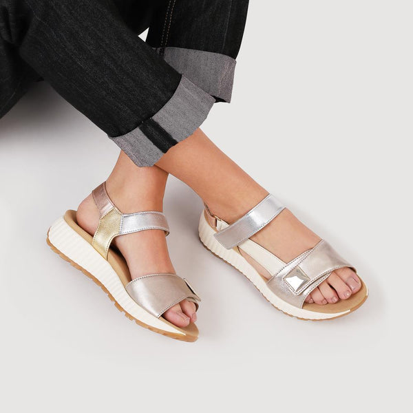 Jones Bootmaker Women's Gifted Gabor Leather Touch-Fasten Sandals - Metallic