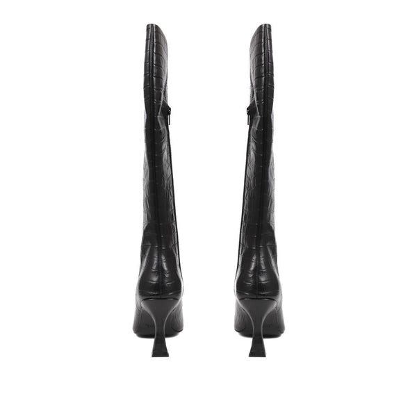 Jones Bootmaker Women's Knee-High Leather Heeled Boots - Black Croc