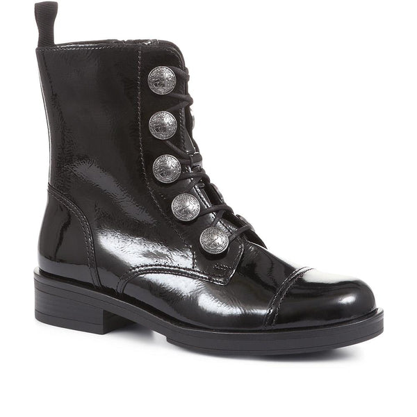 jones bootmaker Women's Lady Leather Biker Boots - Black Patent