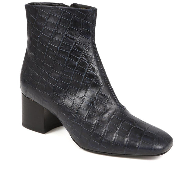 jones bootmaker Women's Leather Croc Heeled Ankle Boots - Navy Croc