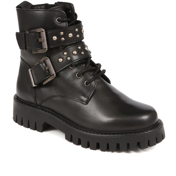 jones bootmaker Women's Leather Studded Biker Boots - Black