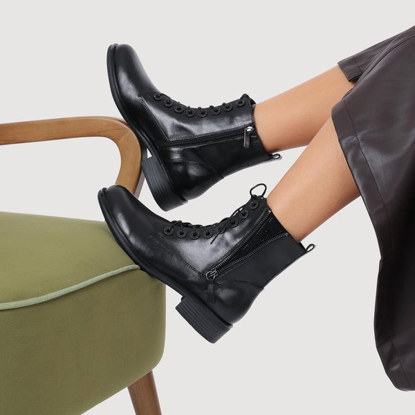 Jones Bootmaker Women's Mckenna Leather Heeled Military Boots - Black