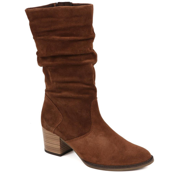 jones bootmaker Women's Ramona Suede Slouch Calf Boot - Tan Suede