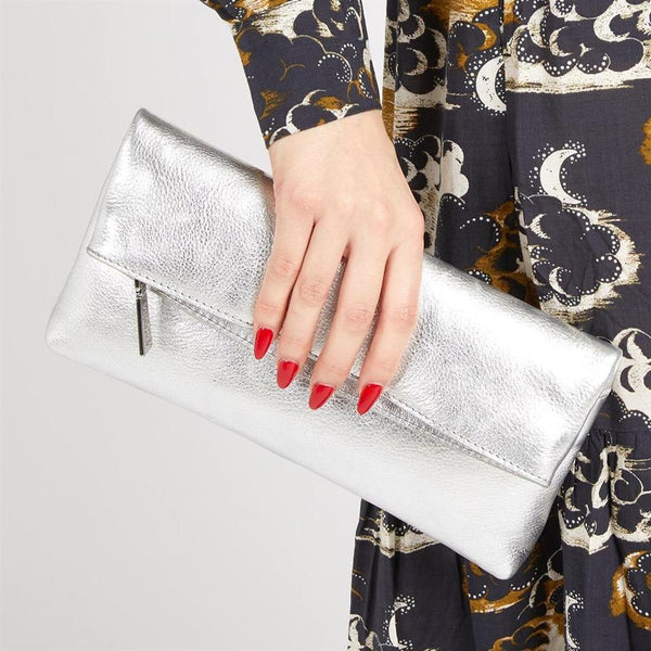 Jones Bootmaker Women's Wylie Fold-Over Metallic Clutch - Silver