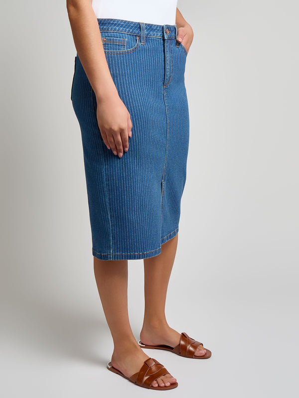 Jones New York Denim Midi Front Slit Skirt Indigo Pinstripe