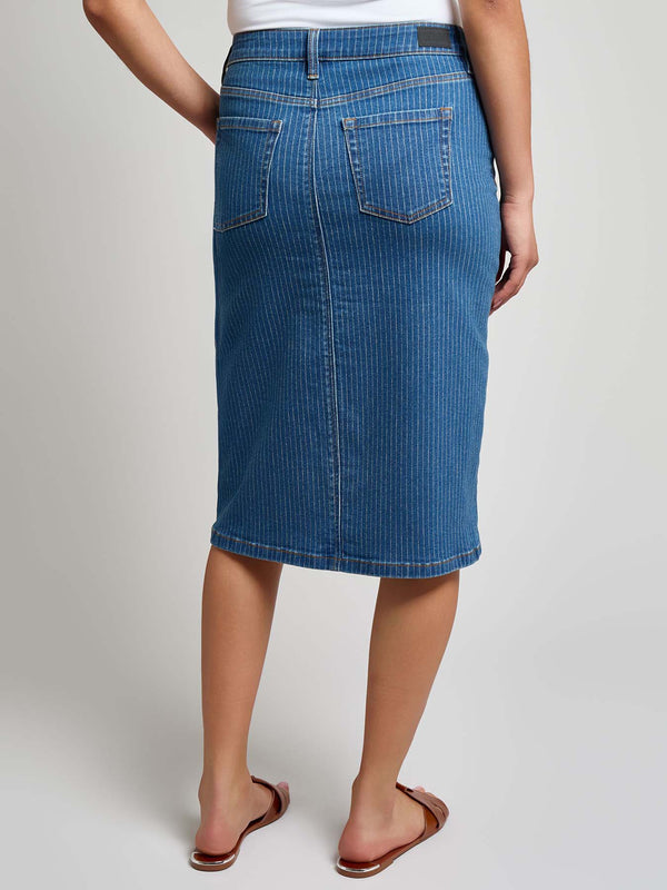Jones New York Denim Midi Front Slit Skirt Indigo Pinstripe