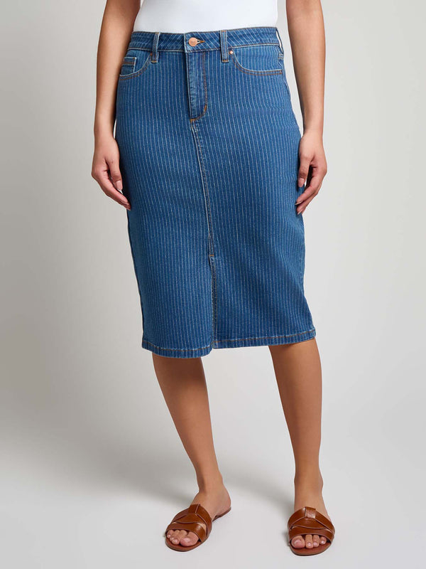 jones new york Denim Midi Front Slit Skirt Indigo Pinstripe