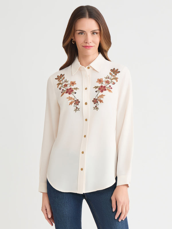 jones new york Embroidered Button-Front Shirt Lyocell
