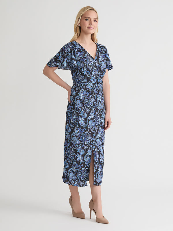 Jones New York Flutter Sleeve Shirred Front Dress Satin Twill