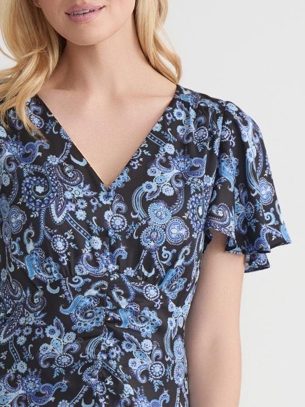 Jones New York Flutter Sleeve Shirred Front Dress Satin Twill