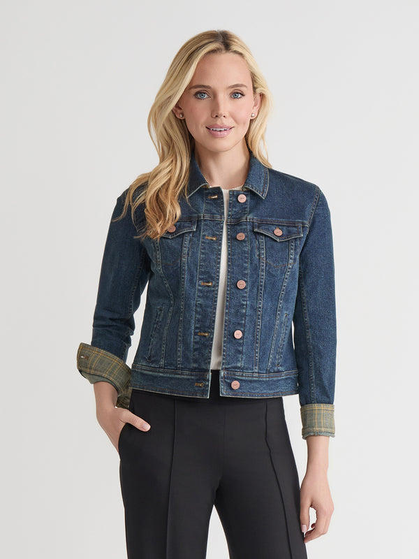 Jones New York Houndstooth Trim Trucker Jacket Stretch Denim