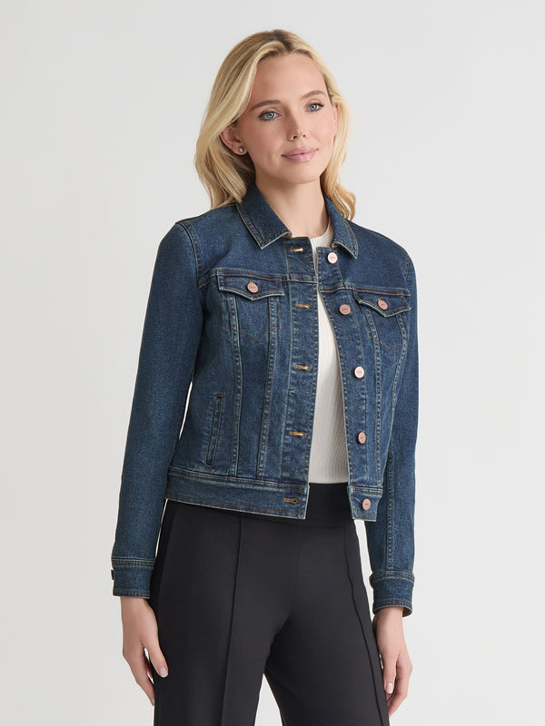 Jones New York Houndstooth Trim Trucker Jacket Stretch Denim