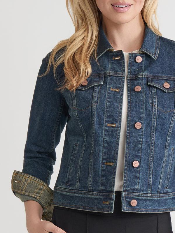 Jones New York Houndstooth Trim Trucker Jacket Stretch Denim