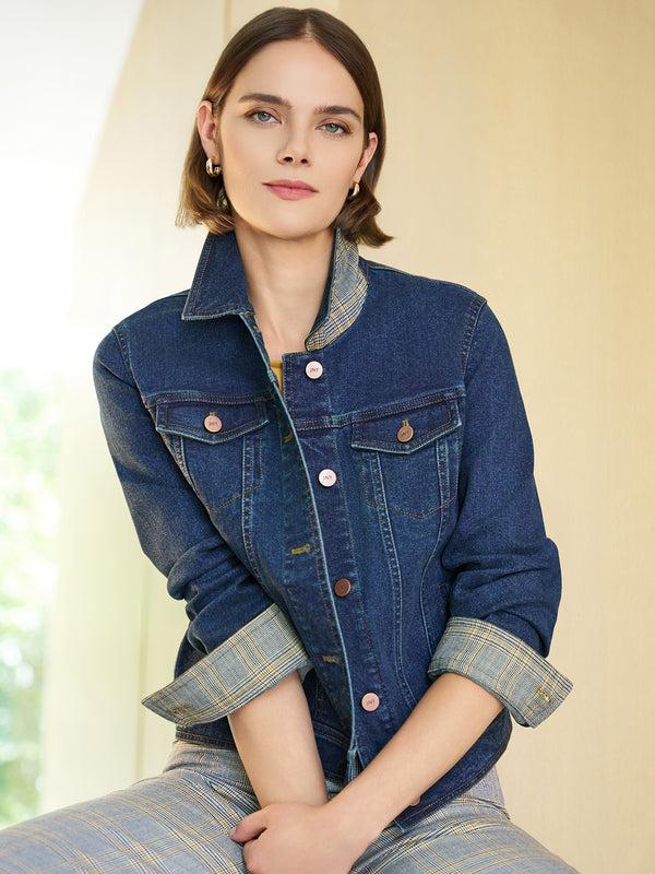 jones new york Houndstooth Trim Trucker Jacket Stretch Denim