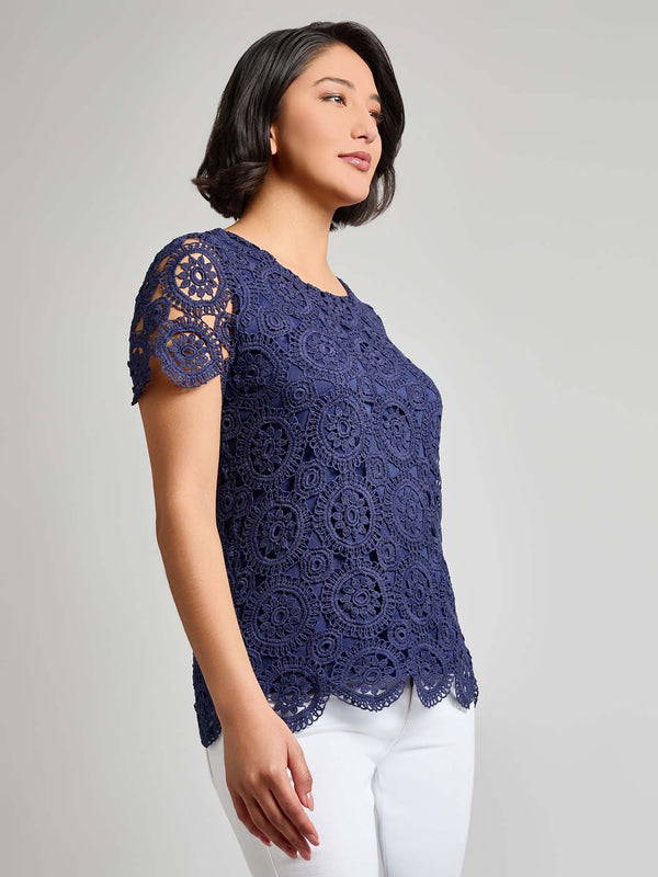 Jones New York Petite Short Sleeve Lace Top