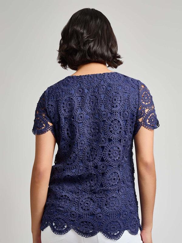 Jones New York Petite Short Sleeve Lace Top