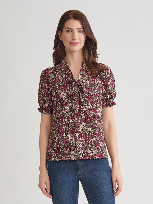 jones new york Plus Puff Sleeve Tie Neck Shirt