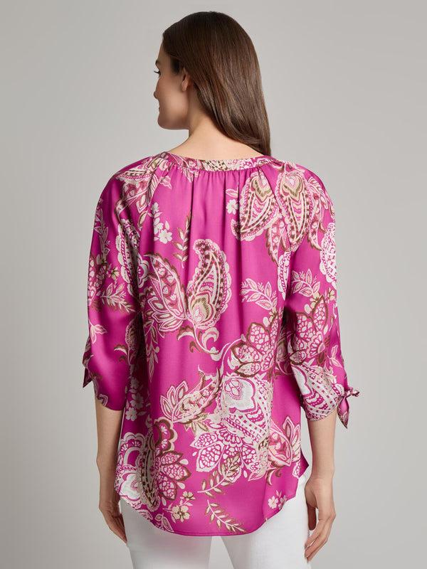 Jones New York Plus V-Neck Print Tie-Sleeve Blouse