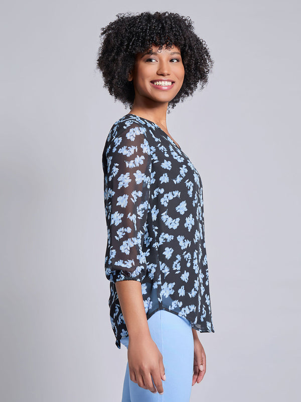 Jones New York Printed V-Neck Pleated Kelly Blouse