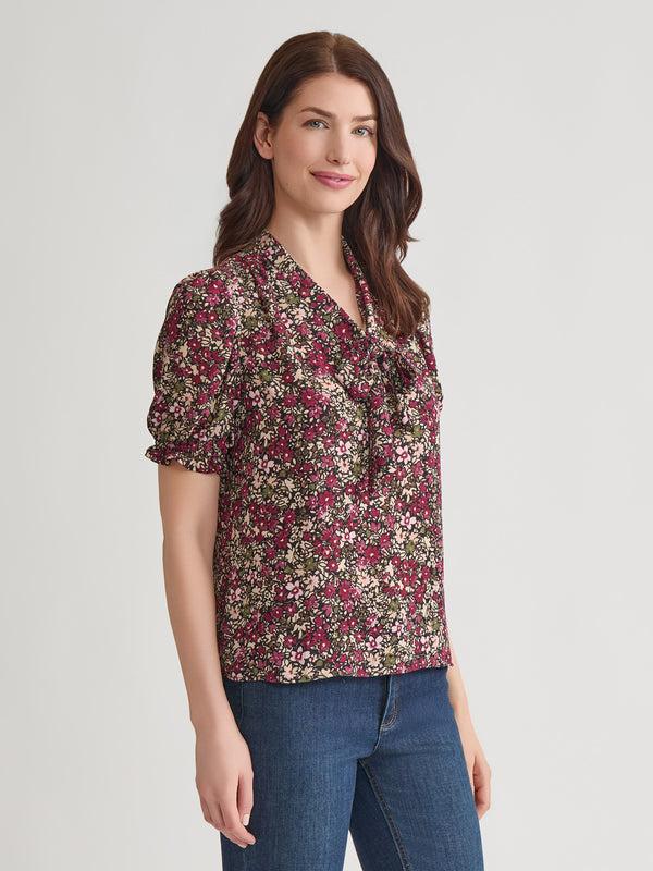 Jones New York Puff Sleeve Tie Neck Shirt