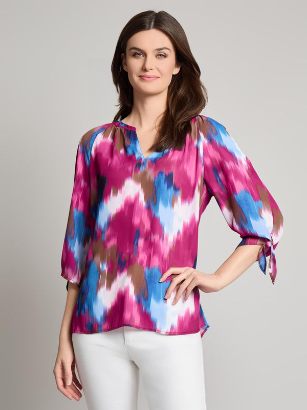 jones new york V-Neck Print Tie-Sleeve Blouse