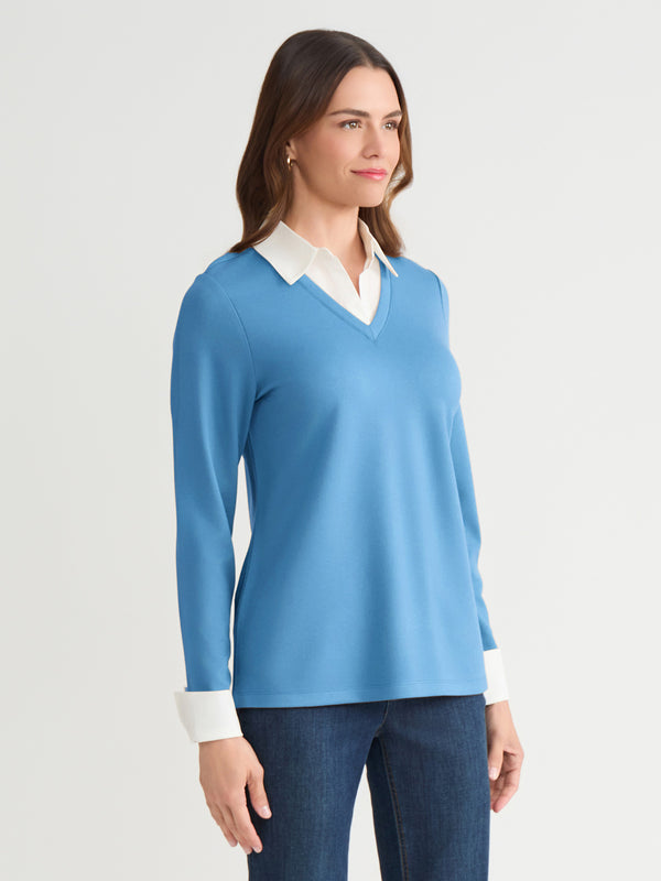 Jones New York V-Neck Twofer Serenity Knit Poplin