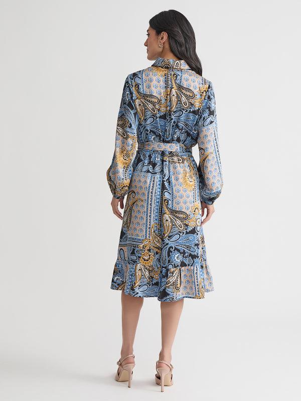 Jones New York Long Sleeve Belted Shirt Dress Flat Satin