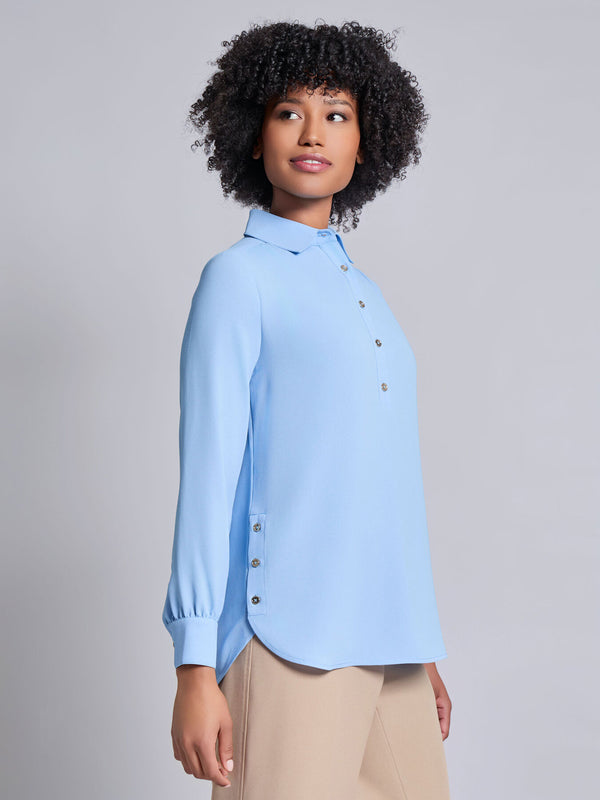 Jones New York Long Sleeve Collared Popover Blouse Crepe De Chine
