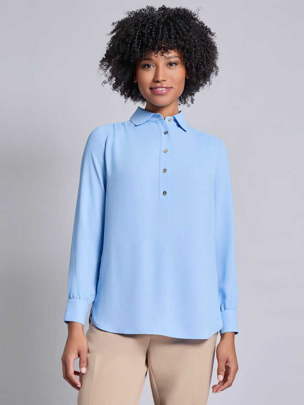 jones new york Long Sleeve Collared Popover Blouse Crepe De Chine