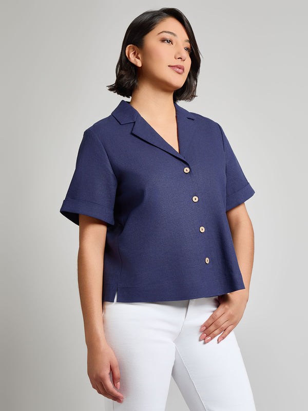 Jones New York Notch Collar Button Front Shirt Linen Blend