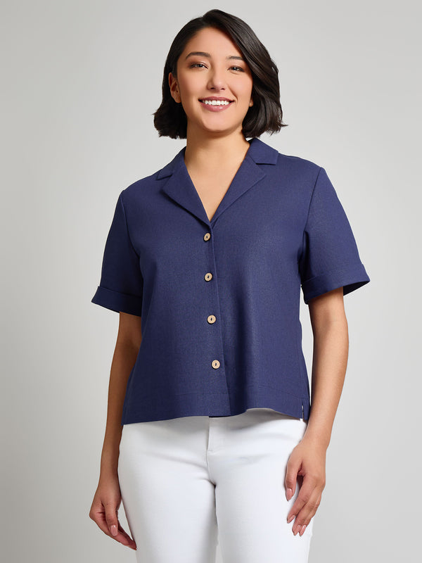 jones new york Notch Collar Button Front Shirt Linen Blend