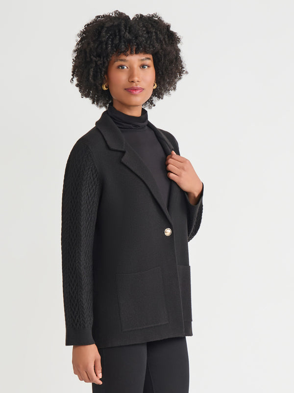Jones New York Notch Collar Cable Knit Sleeve Blazer