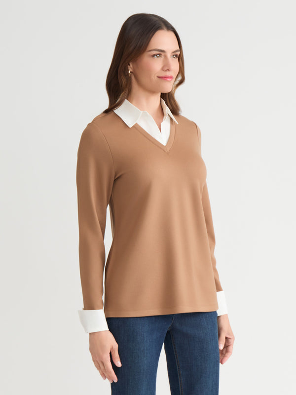 Jones New York Petite Collared Shirt V-Neck Two-Fer Top Serenity Knit
