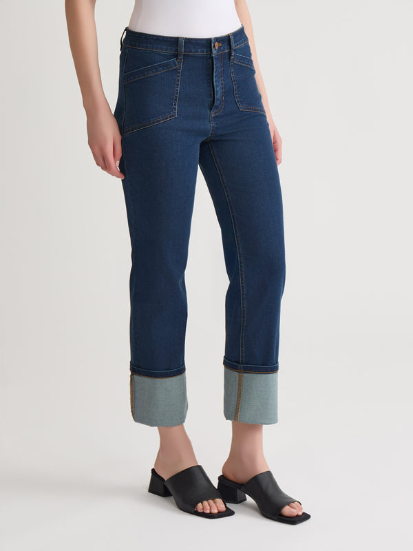 Jones New York Petite Deep Cuff Straight Leg Denim Westpoint Wash