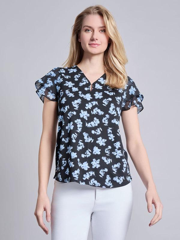 Jones New York Petite Double Flutter Sleeve V-Neck Trim Top Moss Crepe