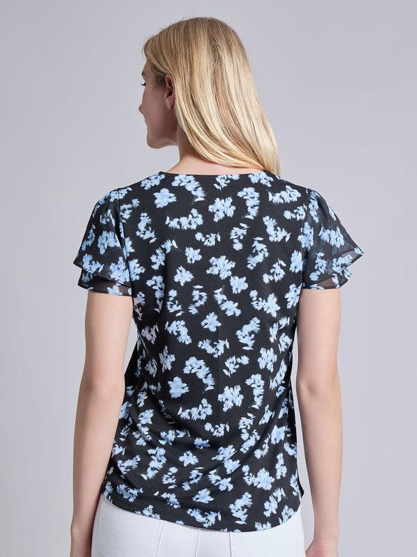 Jones New York Petite Double Flutter Sleeve V-Neck Trim Top Moss Crepe