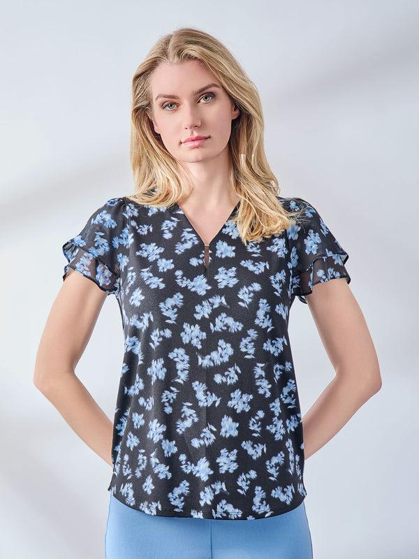 jones new york Petite Double Flutter Sleeve V-Neck Trim Top Moss Crepe