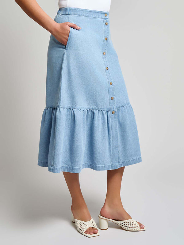 Jones New York Petite Flounced Button Front Skirt Chambray