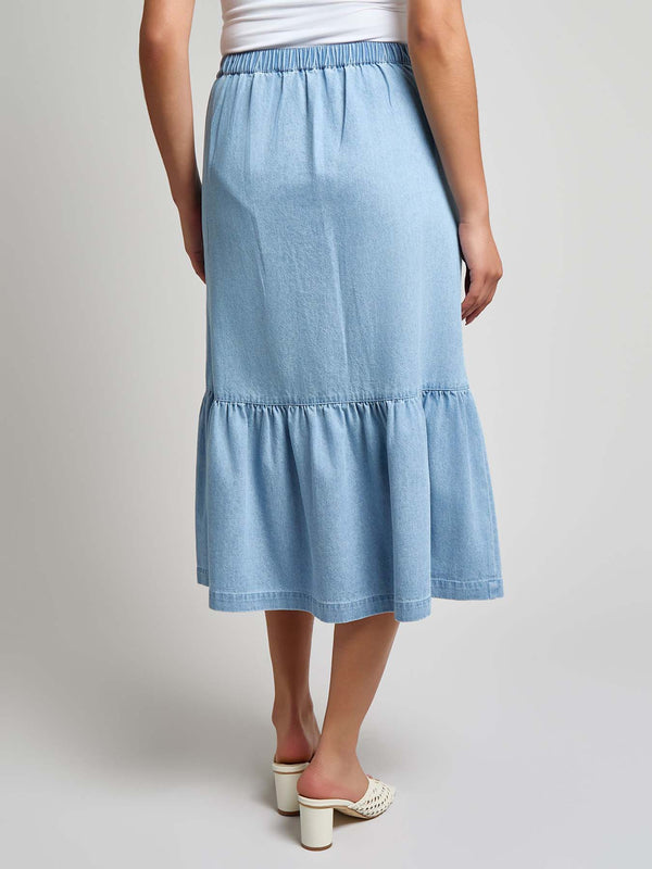 Jones New York Petite Flounced Button Front Skirt Chambray
