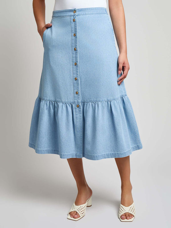 jones new york Petite Flounced Button Front Skirt Chambray