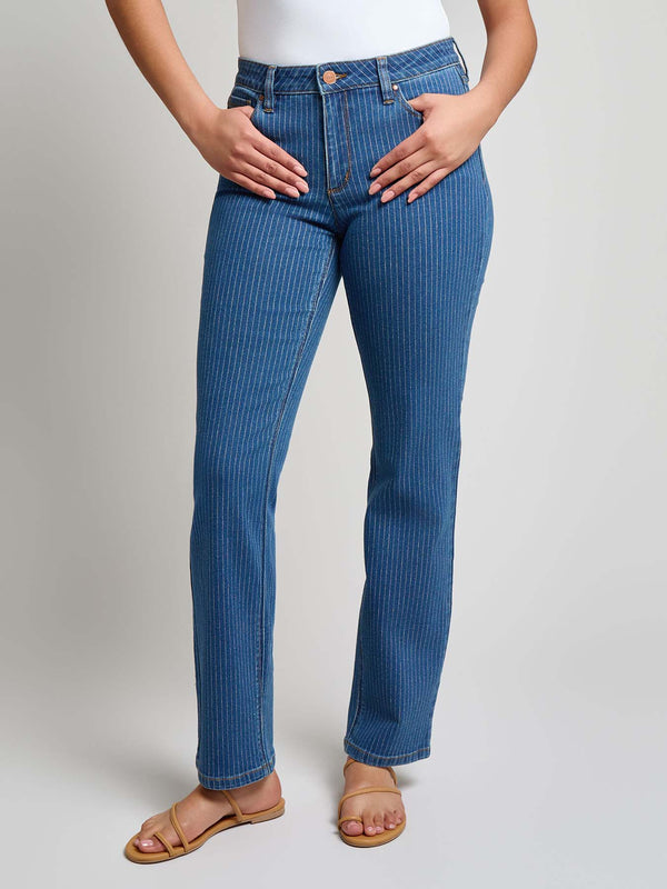 Jones New York Petite Lexington Straight Leg Jeans Indigo Pinstripe